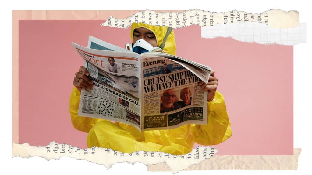 man in yellow anti-biocide overalls reading newspaper as one of the pandemic experiences