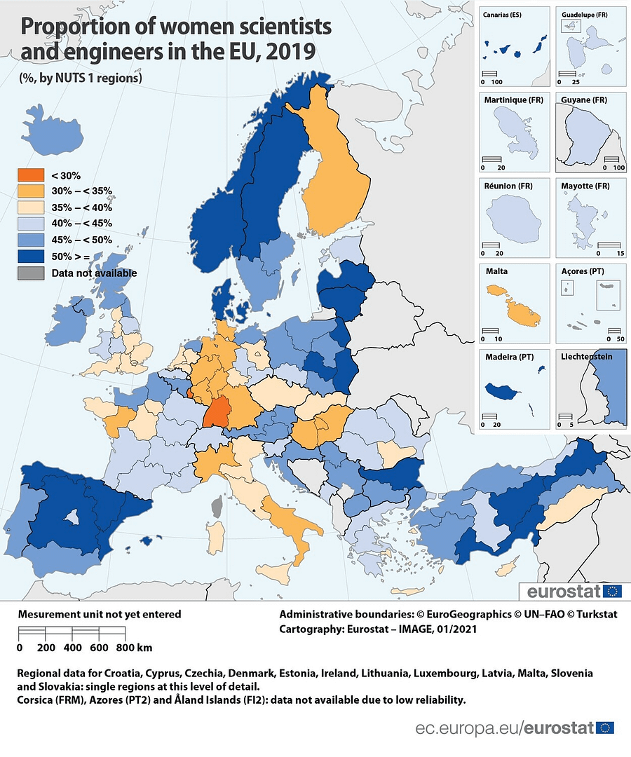 map presenting a proportion of women scientists and engineers in the eu